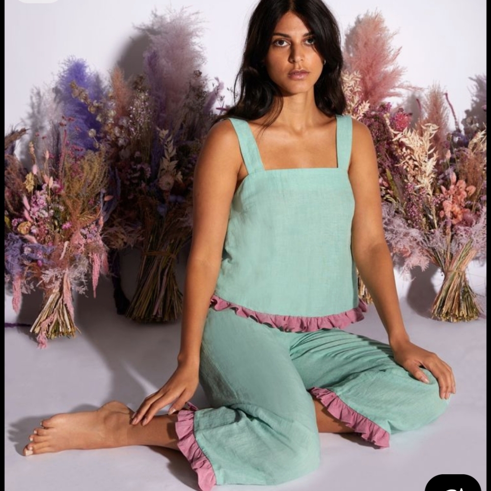 Dora Larsen Women's US 10 Square Neck Sleeveless Linen Blend Sleep‎ Tank mint
